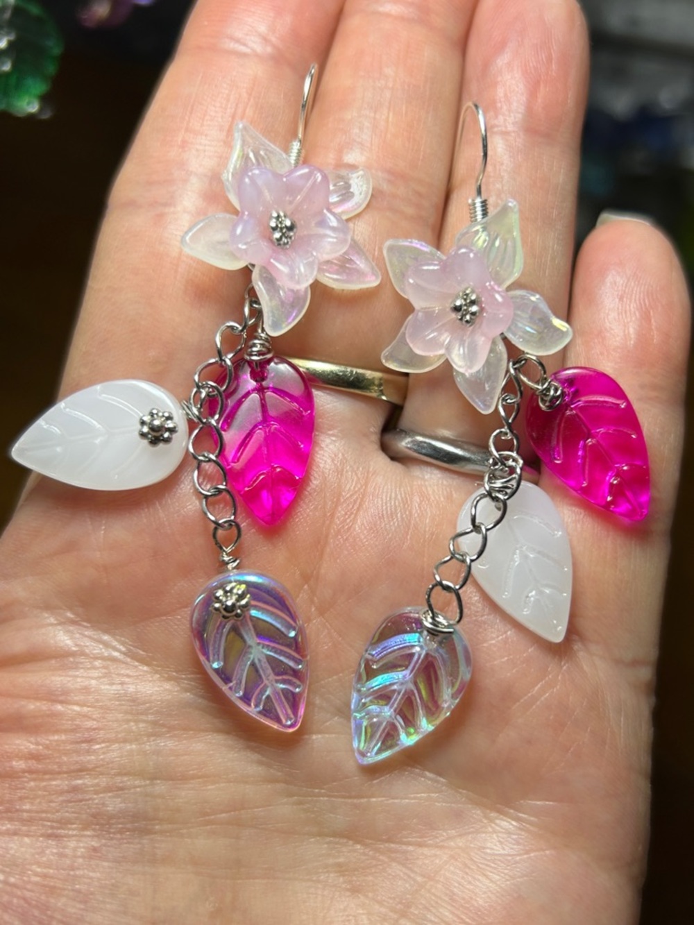 3/$25 Floral Dangle Earrings with Pink & White Leaf Charms